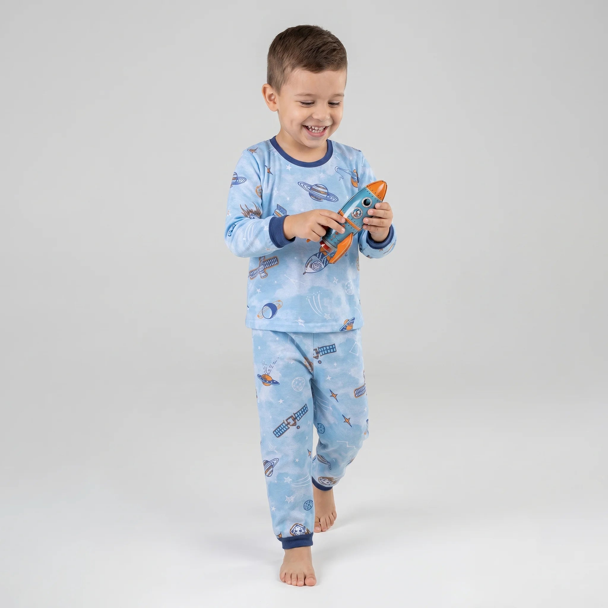 Pijama Longo Masculino Infantil - Estampa Espaço Azul - 028006