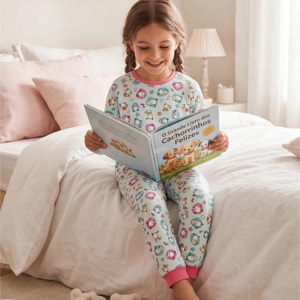 Pijama Longo Feminino Infantil - Estampa Cachorrinho Kawaii - 024006