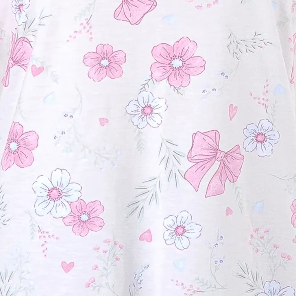 Pijama Regata Feminino Adulto Babado Estampado Floral Laços Rosa 00105