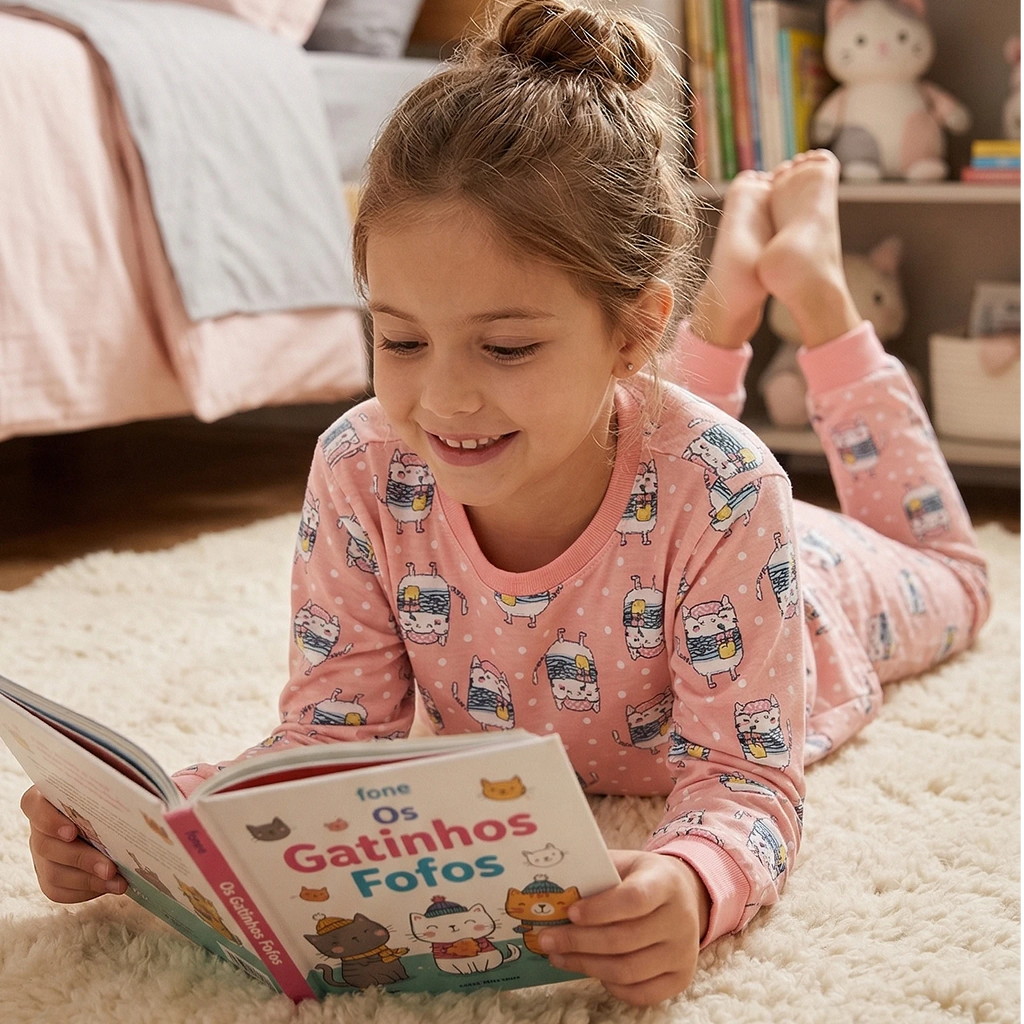 Pijama Longo Feminino Infantil - Estampa Gatinhos Detox - 024008