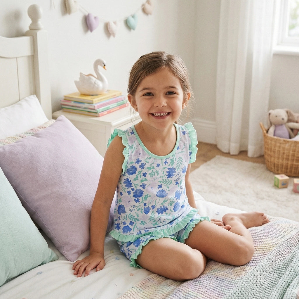 Pijama Regata Feminino Infantil - Estampa Floral Verde - 023017