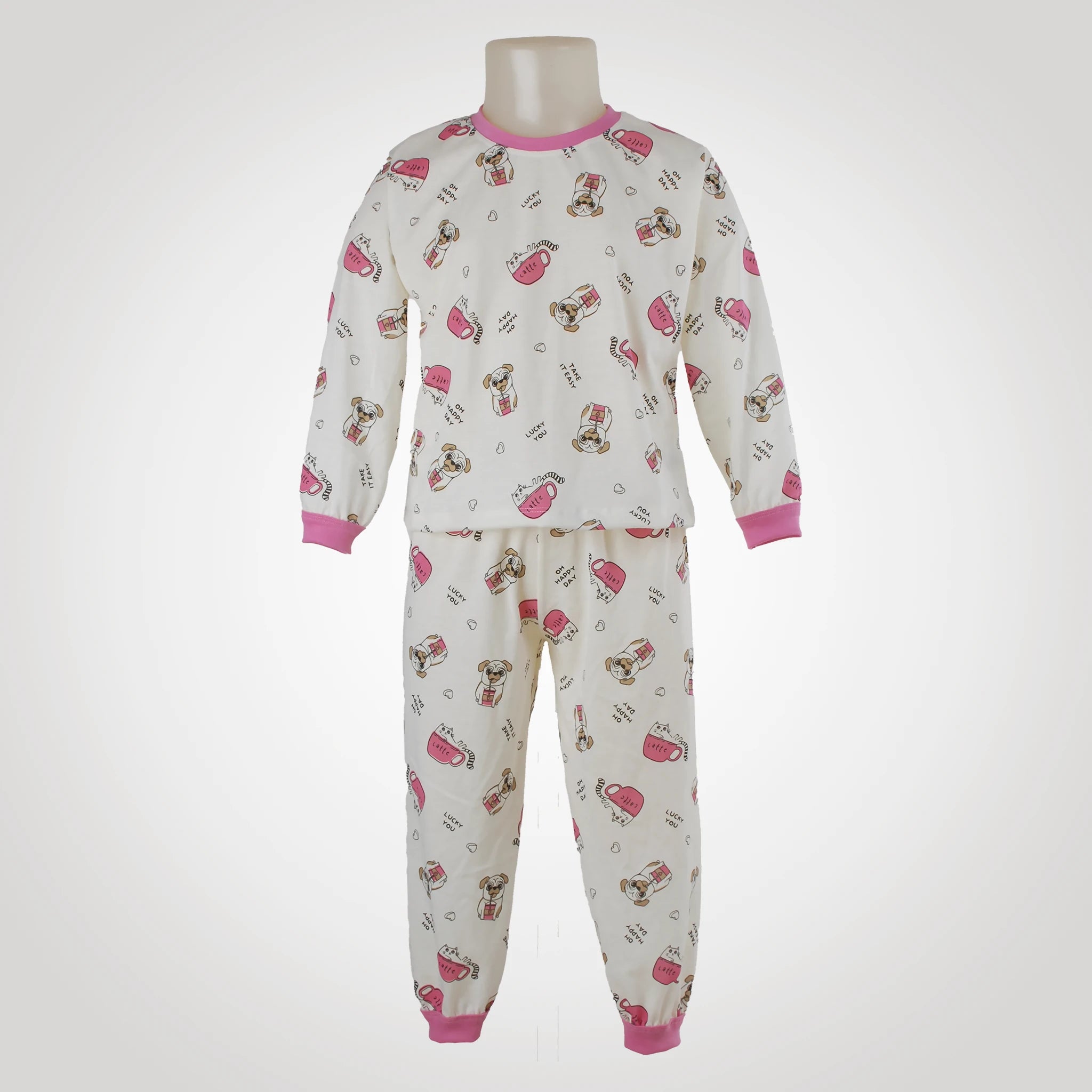 Pijama Longo Feminino Infantil - Estampa Cachorrinho Pug Rosa - 024001